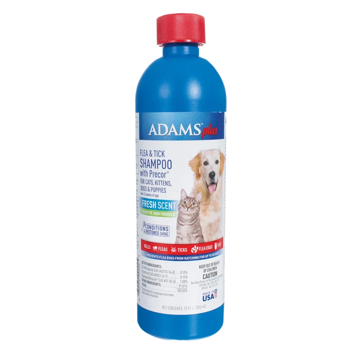 Adams™ Plus Flea and Tick Shampoo with Precor®,"Blue shampoo bottle with red cap and dog and cat label"