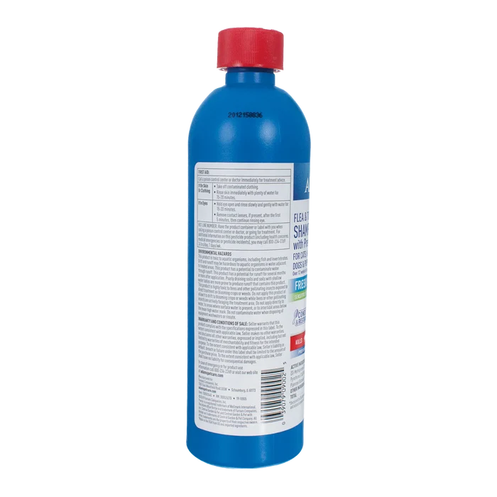 Adams™ Plus Flea and Tick Shampoo with Precor®,"Back view of blue bottle with red cap and label"
