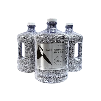 Aluminum Bath Beads,"Three handled bead-filled bottles, front bottle centered"