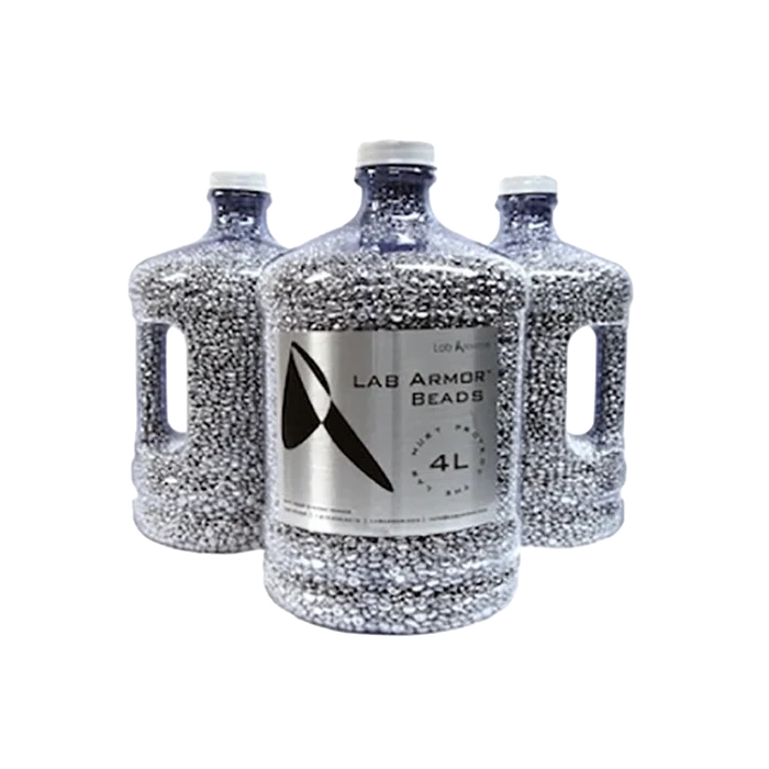 Aluminum Bath Beads,"Three handled bottles filled with silver beads"