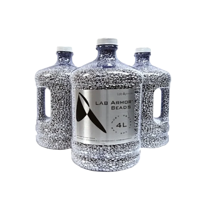 Aluminum Bath Beads,"Three handled bottles filled with silver beads"