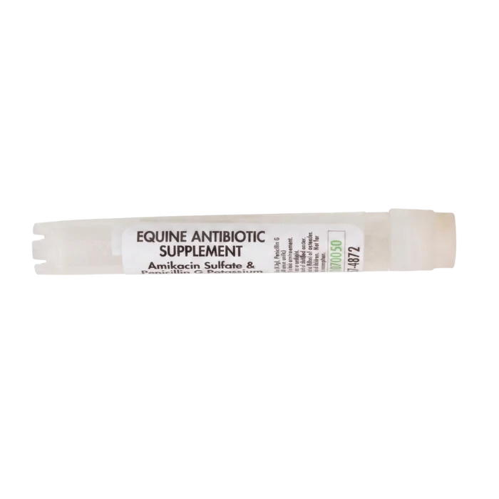 Amikacin Sulfate & Penicillin G Potassium,"White plastic dosing syringe with label, side view"