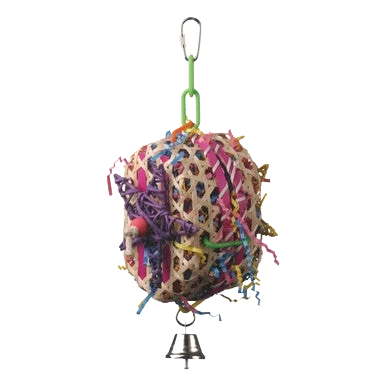 Basket Case,"Woven ball bird toy with colorful paper strands and bell"