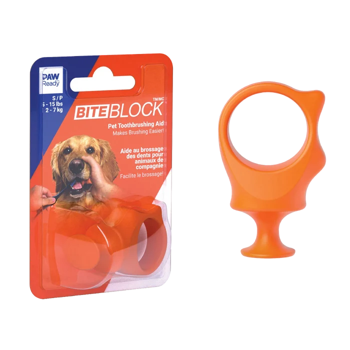 BrushMate Biteblock,"Orange ring-shaped pet bite block with retail packaging"