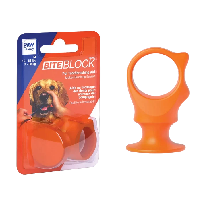 BrushMate Biteblock,"Orange pet bite block in blister packaging"