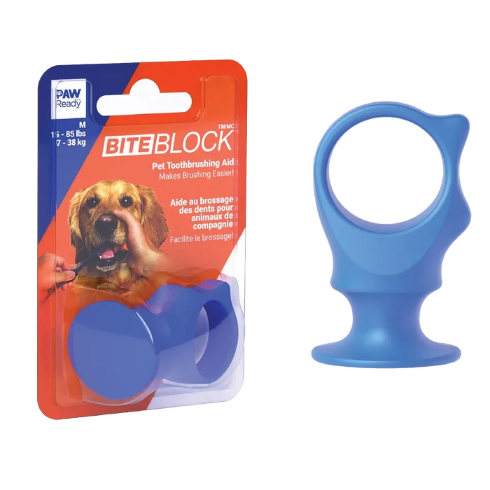 BrushMate Biteblock,"Blue ring-shaped pet bite block with retail packaging"