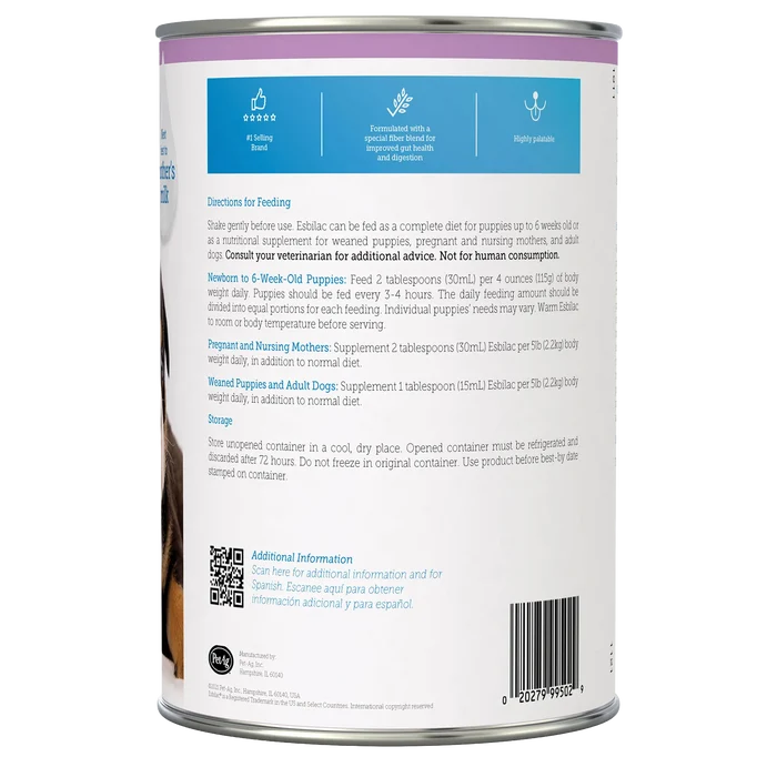 Esbilac® Puppy Milk Replacer,"Back of can with feeding directions and barcode"