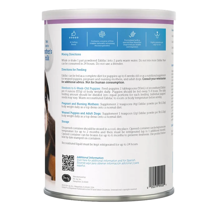 Esbilac® Puppy Milk Replacer,"Back of powdered milk replacer canister"