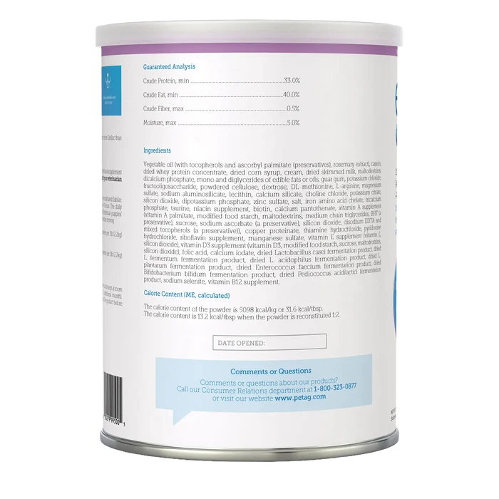 Esbilac® Puppy Milk Replacer,"Back of powder can with nutrition label and ingredients panel"