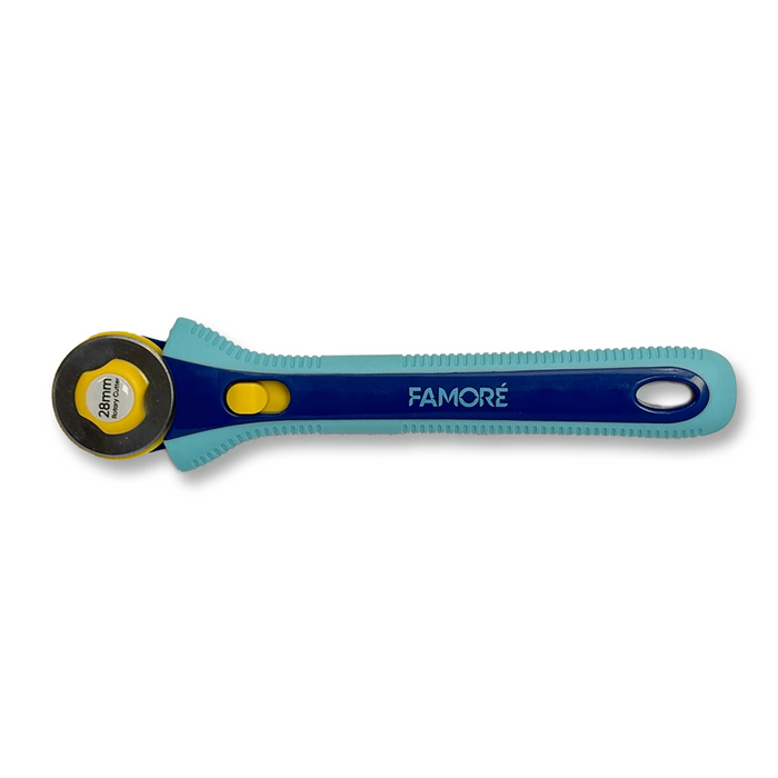Blue rotary cutter with a two-toned blue handle on a white background