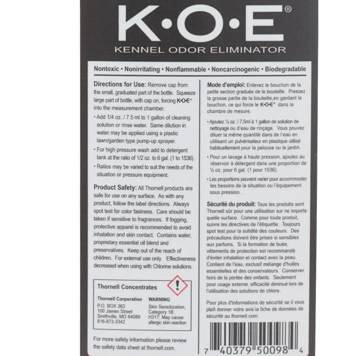 KOE® Kennel Odor Eliminator,"Back label with directions and barcode"