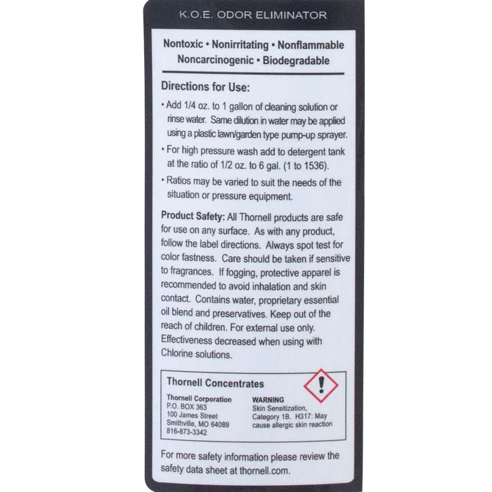 KOE® Kennel Odor Eliminator,"Back label with directions and warning icon"
