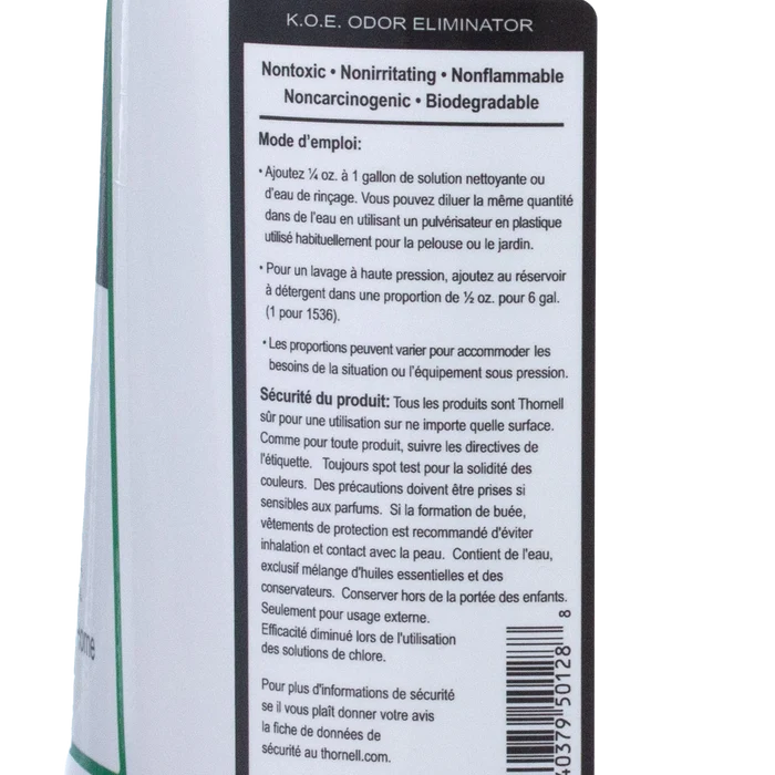 KOE® Kennel Odor Eliminator,"Side view of bottle with French label and barcode"