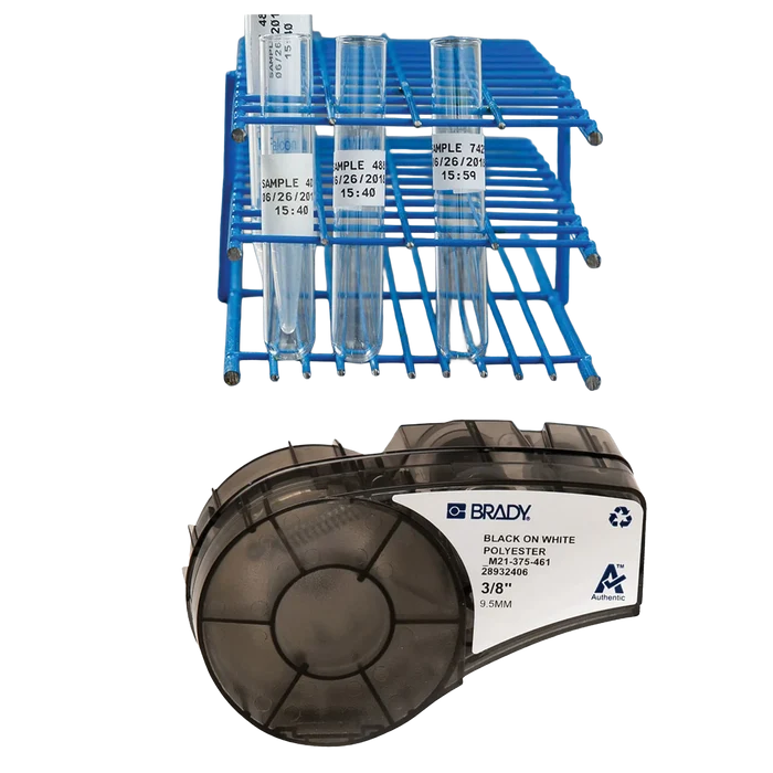 Lab Label Printer and Self-Laminating Cryogenic Polyester Labels,"Labeled test tubes in blue rack with label cartridge"