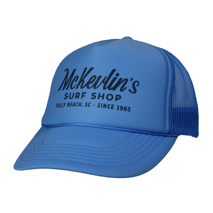 McKevlin's - Youth Size Craig Script Trucker Hat - Columbia Blue - MCKEVLIN'S SURF SHOP