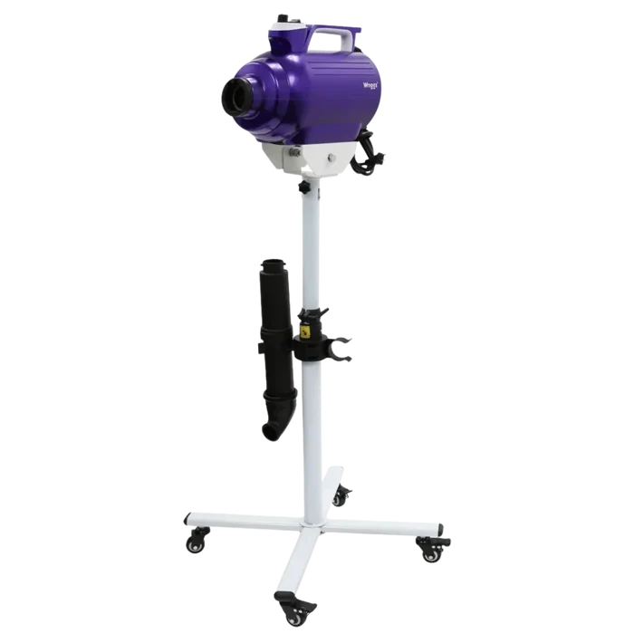Movable Dryer Stand for Solo-Stream and Duo-Sprint Dryer by Waggz,"Purple dryer mounted on white rolling stand"