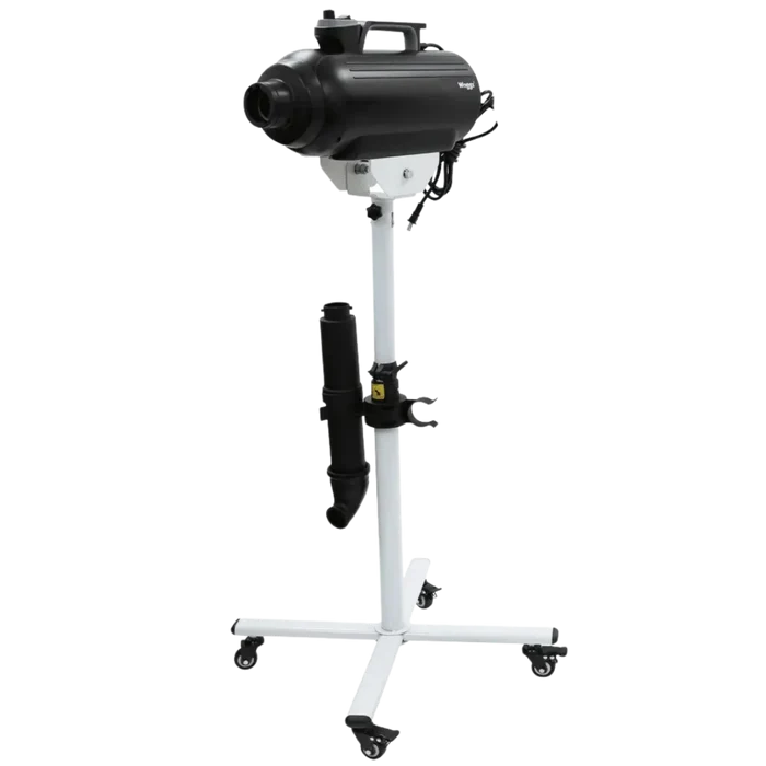 Movable Dryer Stand for Solo-Stream and Duo-Sprint Dryer by Waggz,"Black pet dryer on white rolling stand with hose holder"