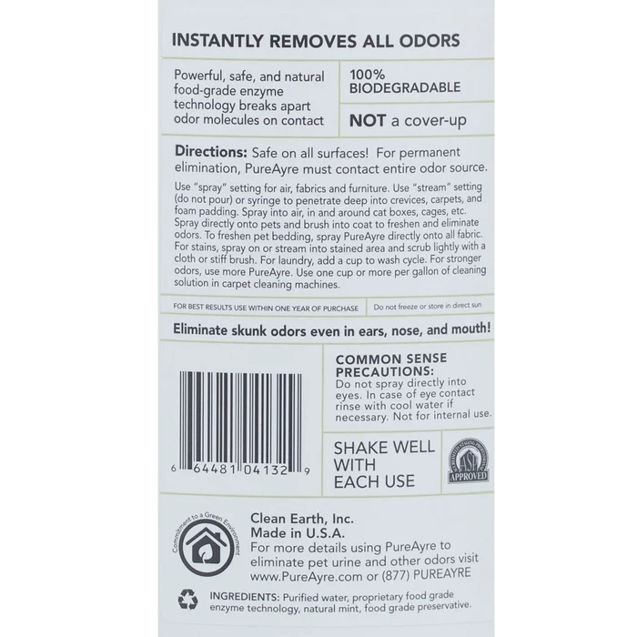 Pureayre® Odor Eliminator,"Back label view of bottle with directions and barcode"