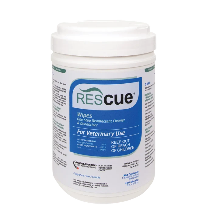 Rescue®  Disinfectant Cleaner,"White canister of disinfectant wipes with flip-top lid"