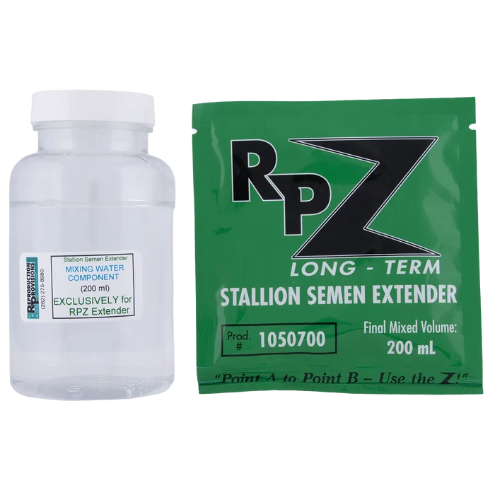 RP-Z Long-Term Stallion Semen Extender,"Clear bottle with white cap beside green packet"