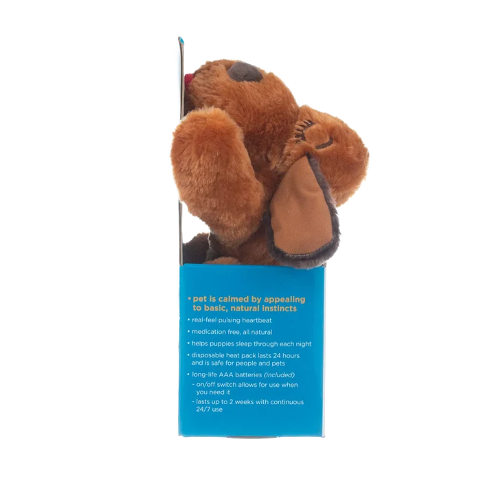 Snuggle Puppy & Kitten,"Brown plush dog in blue retail box, side view"