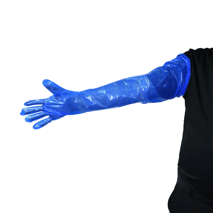 Super Dex Sterile,"Blue shoulder-length glove worn on arm"