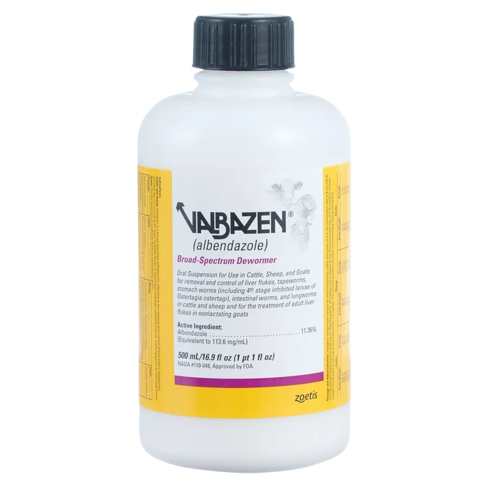 Valbazen® for Goats, Sheep, & Cattle,"White bottle with black cap and yellow wraparound label"