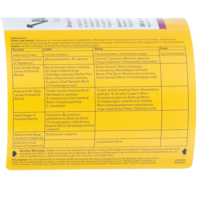 Valbazen® for Goats, Sheep, & Cattle,"Bottle back label with yellow parasite chart"
