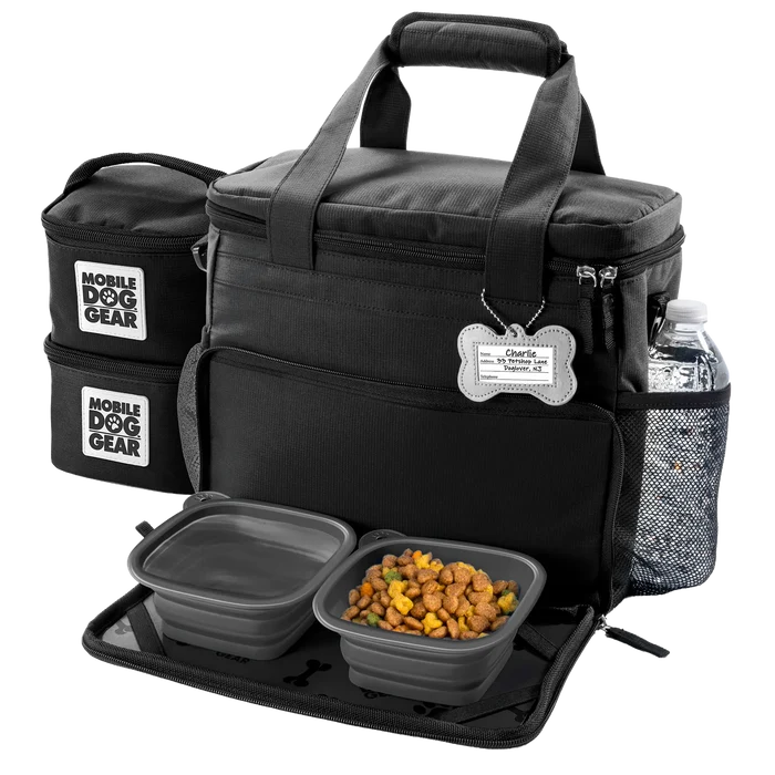 Week Away® Tote Bag,"Black pet travel tote with food containers, bowls, and bottle pocket"