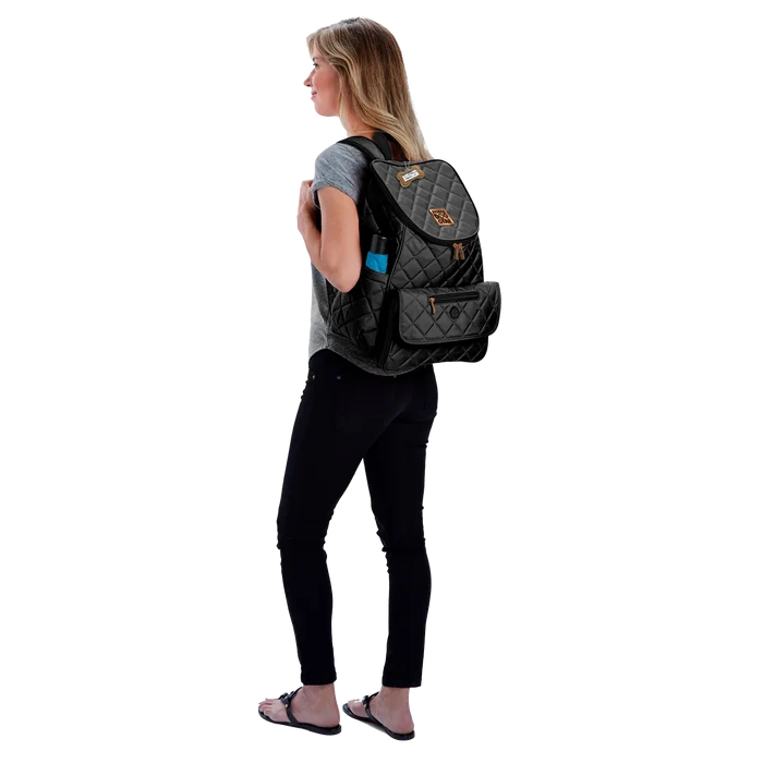 Weekender Backpack,"Quilted backpack with shoulder strap, front pocket, and side pockets"