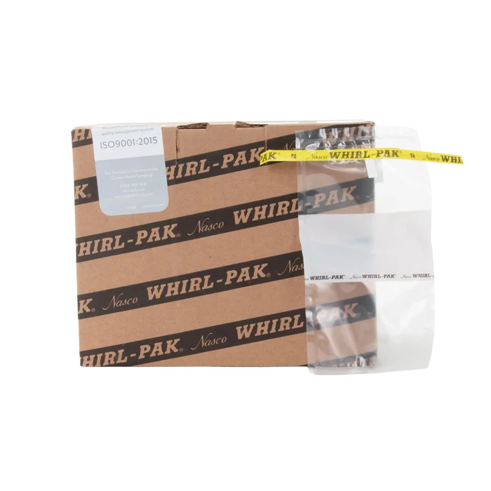 Whirl-Pak Bags,"Clear sample bag with yellow closure strip beside cardboard box"