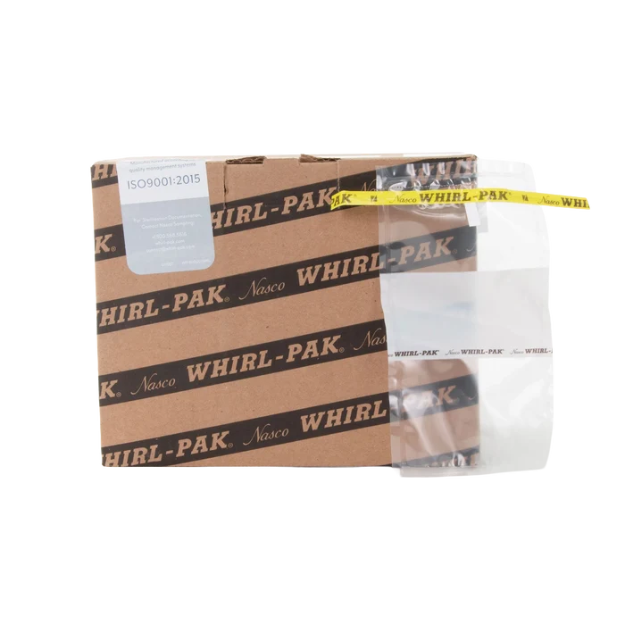 Whirl-Pak Bags,"Clear sample bag with yellow closure strip beside cardboard box"