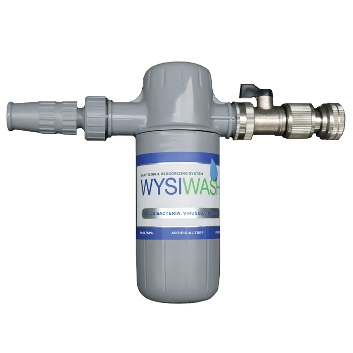 Wysiwash® Sanitizing System,"Gray hose-end sanitizing bottle with metal nozzle fitting"